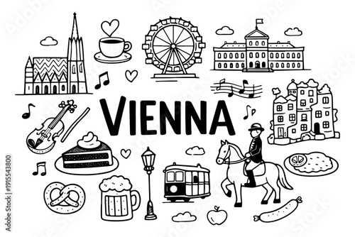 Vienna Austria Travel Landmarks and Culture Icons, Hand Drawn Doodle Style Vector