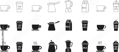 Coffee and Beverage Icon Set Collection, Line and Solid Drink Illustrations with Cup, Takeaway Coffee, Milk Carton, Blender, and Pot for Cafe Menu Design