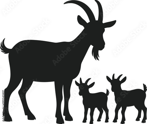 Silhouette of a goat mother with two baby kids, farm animal family group isolated on white background, livestock vector illustration.