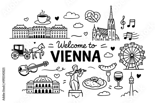 Vienna Austria Travel Landmarks and Culture Icons, Hand Drawn Doodle Style Vector