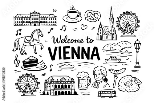Vienna Austria Travel Landmarks and Culture Icons, Hand Drawn Doodle Style Vector