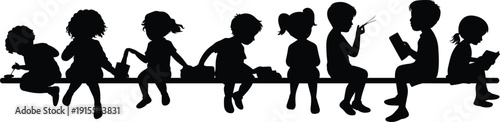 Silhouette of a group of diverse children sitting on a ledge reading and playing, childhood education and friendship vector illustration.
