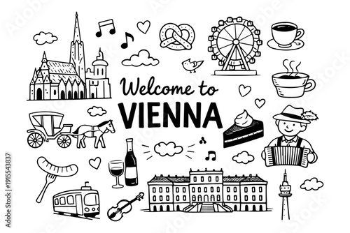 Vienna Austria Travel Landmarks and Culture Icons, Hand Drawn Doodle Style Vector