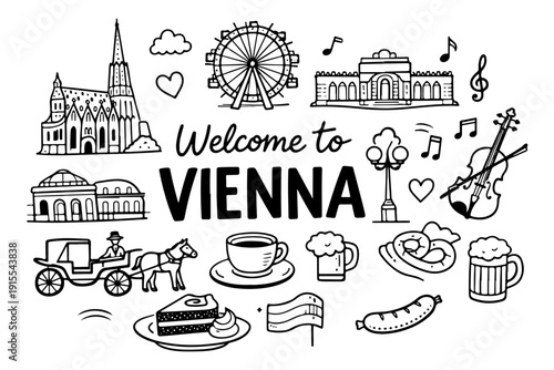 Vienna Austria Travel Landmarks and Culture Icons, Hand Drawn Doodle Style Vector