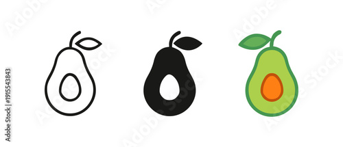 Trio of avocado icons in outline, silhouette, and colorful flat styles