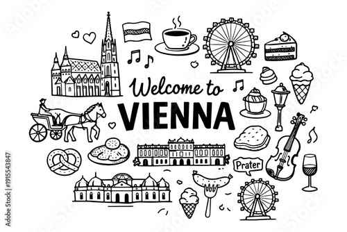 Vienna Austria Travel Landmarks and Culture Icons, Hand Drawn Doodle Style Vector