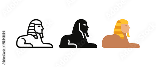 Egyptian sphinx icon variations in outline, silhouette, and colorful styles