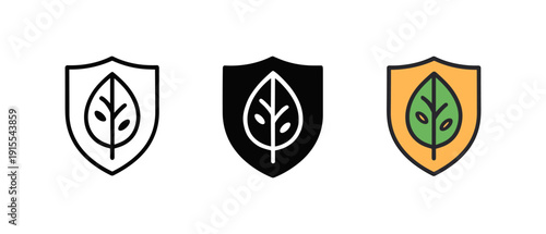 Eco-friendly shield icons: minimalist leaf symbol in line and solid styles