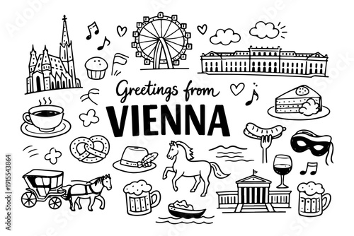 Vienna Austria Travel Landmarks and Culture Icons, Hand Drawn Doodle Style Vector