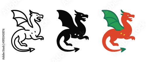 Stylized dragon trio: monochrome, silhouette, and vibrant designs