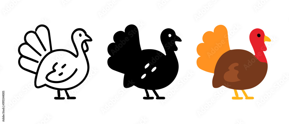 Naklejka premium Stylized turkeys: outline, silhouette, and colorful variations