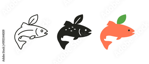 Creative fish icons in minimalist style with unique leaf fin designs