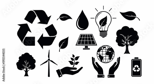 Eco and Sustainability Icons Vector Set featuring recycling, renewable energy, green technology and environmental protection symbols