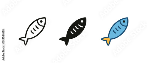 Simple fish icons set: color, black, and outline styles