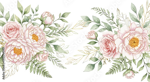 Floral arrangement of pink roses and green leaves viewed from directly above in a digital illustration