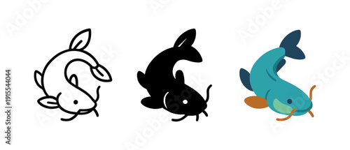 Stylized catfish set: outline, silhouette, and colorful designs