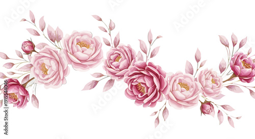 An elegant floral arrangement of pink roses and leaves, depicted in a delicate, watercolor style, suitable for decorative purposes, viewed from directly above.