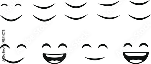 Cute smiling face icons set with closed eyes and happy expressions, minimalist black vector emoji collection isolated on light background for stickers, apps, and graphic design