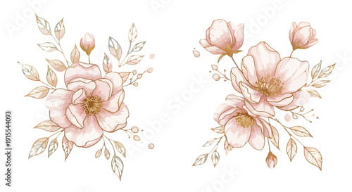Elegant floral arrangements featuring roses and leaves in a minimalist vector illustration style