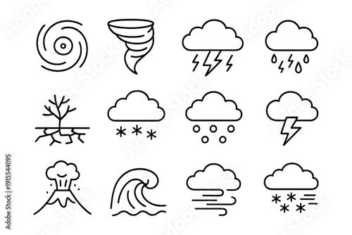 Weather icons set: minimalist line art of various natural phenomena