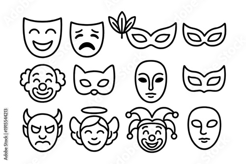Theater and masquerade mask collection in simple linear style