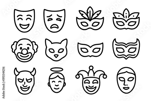 Theater and festival masks set in linear style for creative designs