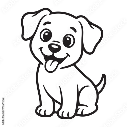 Happy cartoon puppy dog sitting, panting with tongue out, black and white line art, isolated on transparent background, adorable pet character