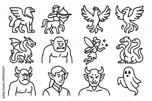 Mythical creatures line art collection: fantasy icons for creative designs