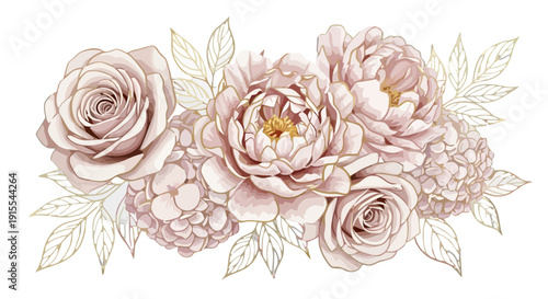 Beautiful bouquet of roses and peonies with delicate leaves illustrated in a soft color palette from a front viewpoint