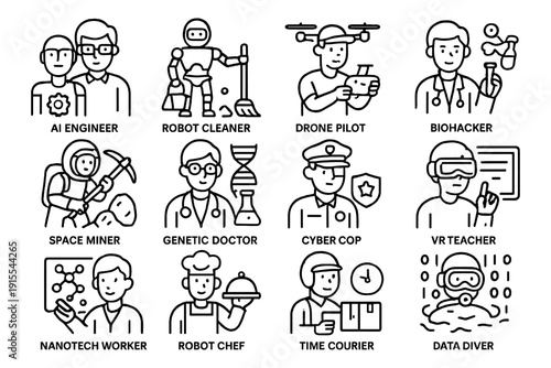 Innovative future professions: ai engineer, drone pilot, vr teacher, and more in linear style