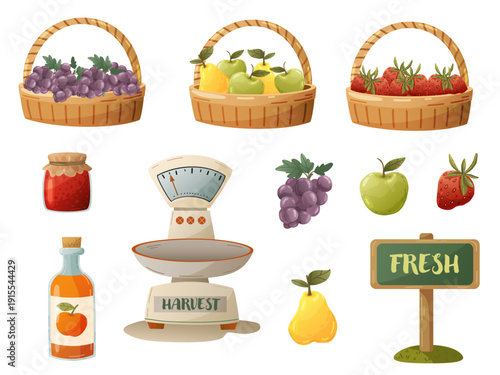 Harvest and farm market clipart set with vegetables, jam, juice and scales