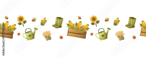 Seamless border pattern with wooden crates of fresh potatoes and carrots