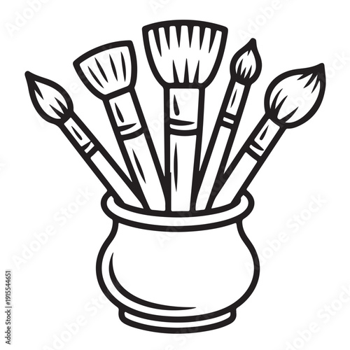 Set of artistic paint brushes in ceramic jar linear icon vector illustration isolated on transparent background for creative hobby and design