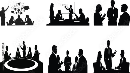 Business people in various meeting and presentation settings in silhouette