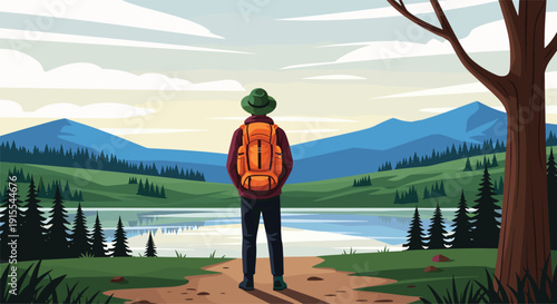 Flat vector illustration of a lone hiker with backpack looking at blue mountains, lake, and pine forest landscape, adventure travel and nature exploration concept