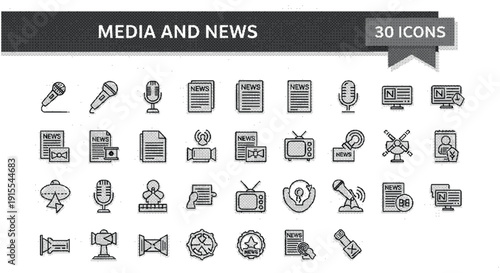 Media and news icons in a pixelated style for digital use
