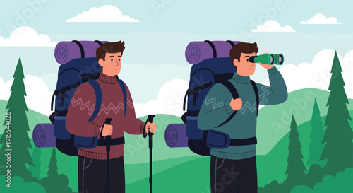 Two young male hikers with backpacks and trekking poles exploring mountain landscape, one traveler looking through binoculars at nature