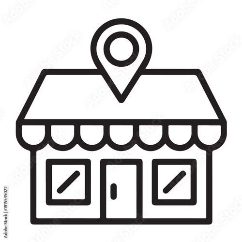 Store front with location pin icon line art vector illustration for small business shop retail outlet and local commerce marketing concept