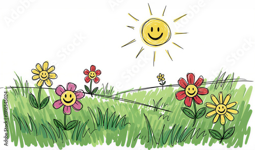 Wallpaper Mural pasture landscape with happy flowers on sunny spring day colorful rough sketch style illustration Torontodigital.ca