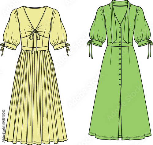 Elegant Summer Dress Vector Illustration Set Featuring Yellow Puff Sleeve Midi Dress with Bow and Green Button Down Tea Dress