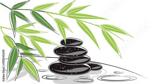 Zen balance stack of smooth black spa stones rests beneath vibrant green bamboo leaves illustration
