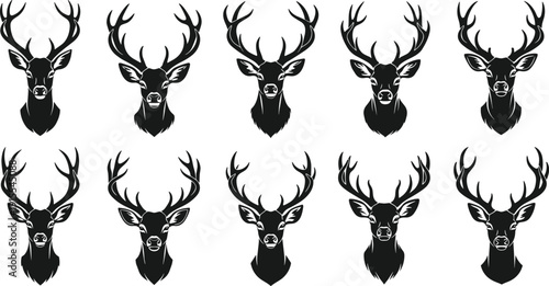 Deer Head Silhouette Icon Set, Stag with Antlers Vector Collection, Wildlife Hunting Emblem Illustrations for Outdoor Adventure, Nature Logo, Rustic Branding, and Tattoo DesignDeer Head  