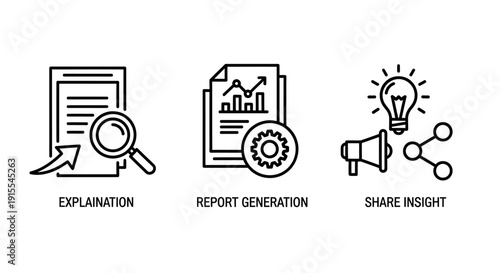 Business analytics icons for explanation, report generation, and sharing insights through presentations.
