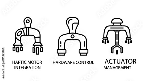 Engineering icons: haptic motor integration, hardware control systems, and actuator management technology.