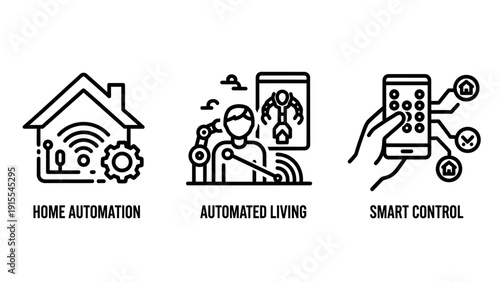 Smart Home Automation and Automated Living Concepts Line Icon Set for Modern Technology, IoT, and Remote Control Systems