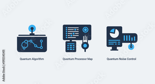 Quantum Computing Icons Featuring Algorithm, Processor Map, and Noise Control, Illustrating Advanced Technology and Scientific Research in Modern Flat Design