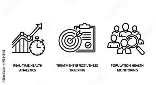 Healthcare Technology Icons for Real-time Health Analytics, Treatment Effectiveness, and Population Monitoring in Minimalist Line Art