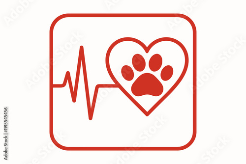 Pet health symbol with heart and heartbeat in red color for veterinary care