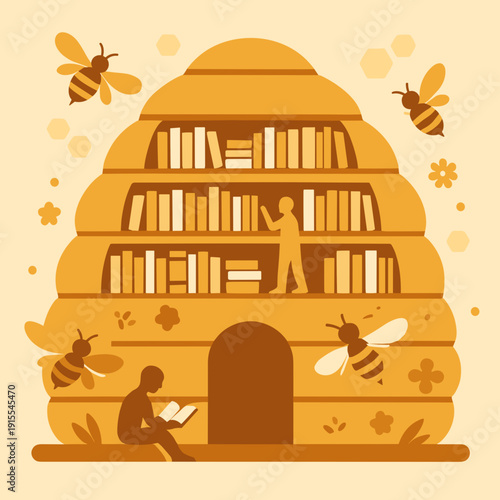 Bee-inspired library illustration with a reader and buzzing bees in warm tones