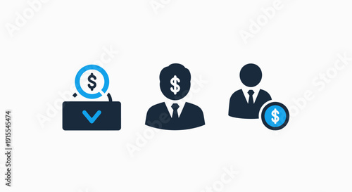 Financial Management Icons with Dollar Signs for Budgeting, Income, Investment, and Business Profit Concepts in Blue and Gray